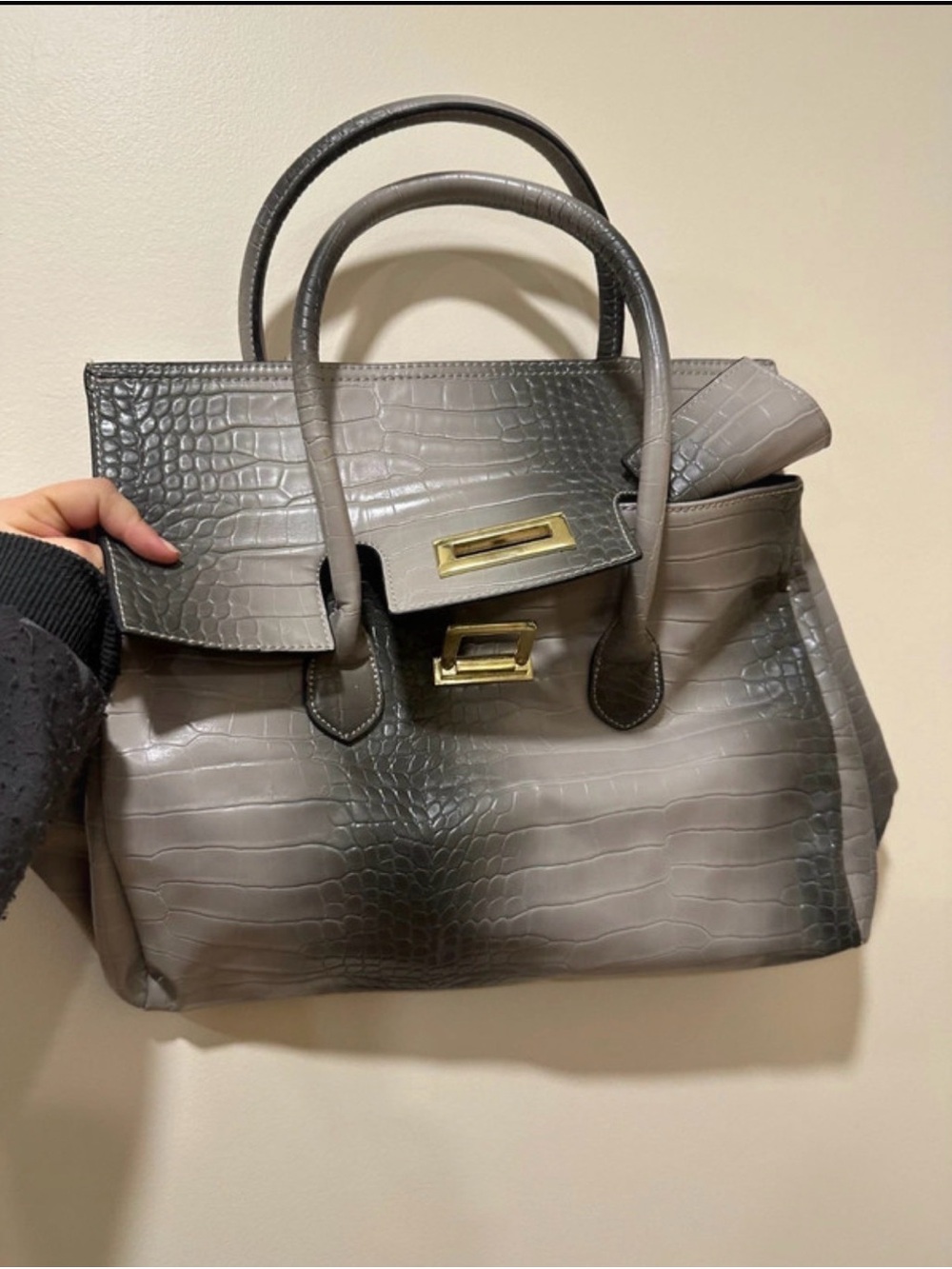 Croc-Embossed Twin-Handle Satchel in Gray